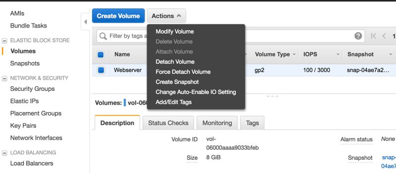 Modifying an EBS volume from the Actions menu