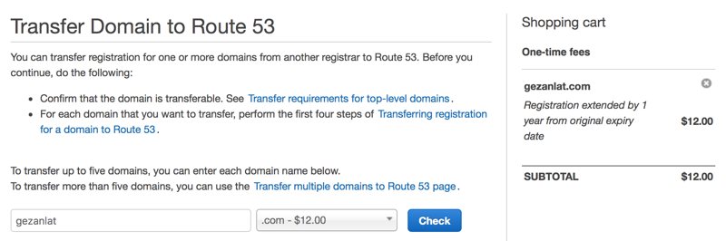 Domain Transfer Cart on Amazon Route 53