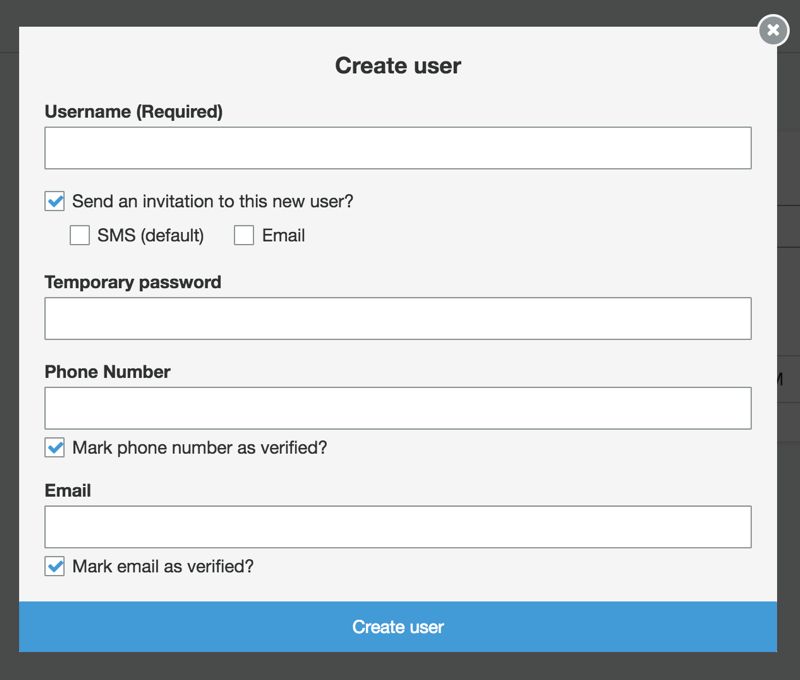 Amazon Cognito User Pools - Create User Screen