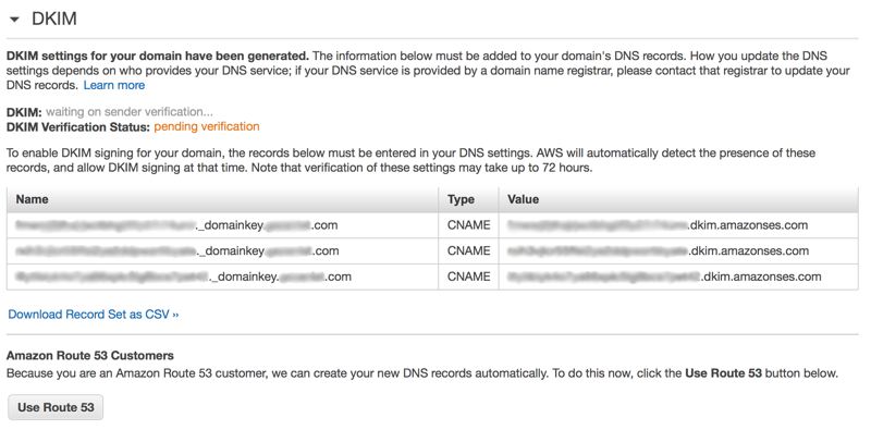Amazon SES Console after generating DKIM