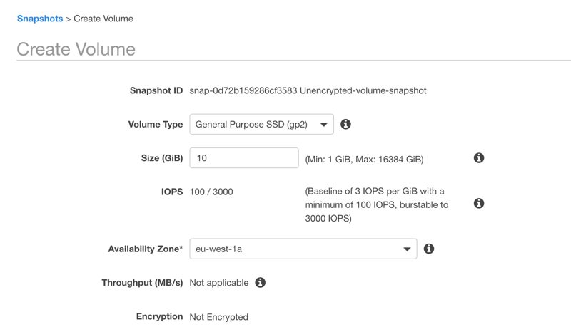 Creating an EBS volume from an unencrypted EBS snapshot