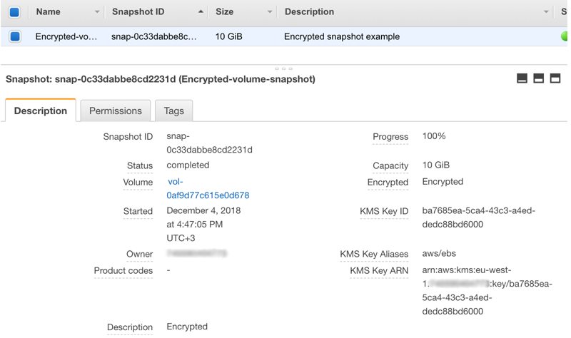 Displaying encryption details of an EBS snapshot