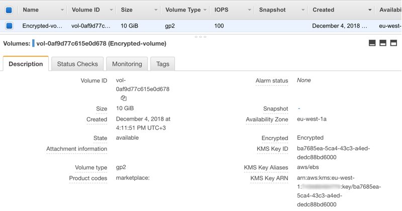 Displaying encryption details of an EBS volume