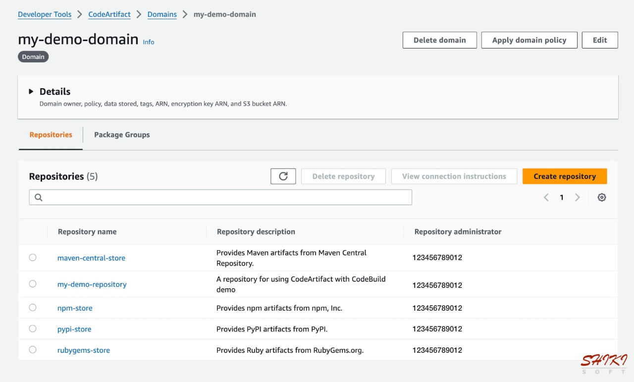 An AWS CodeArtifact domain after the repository creation