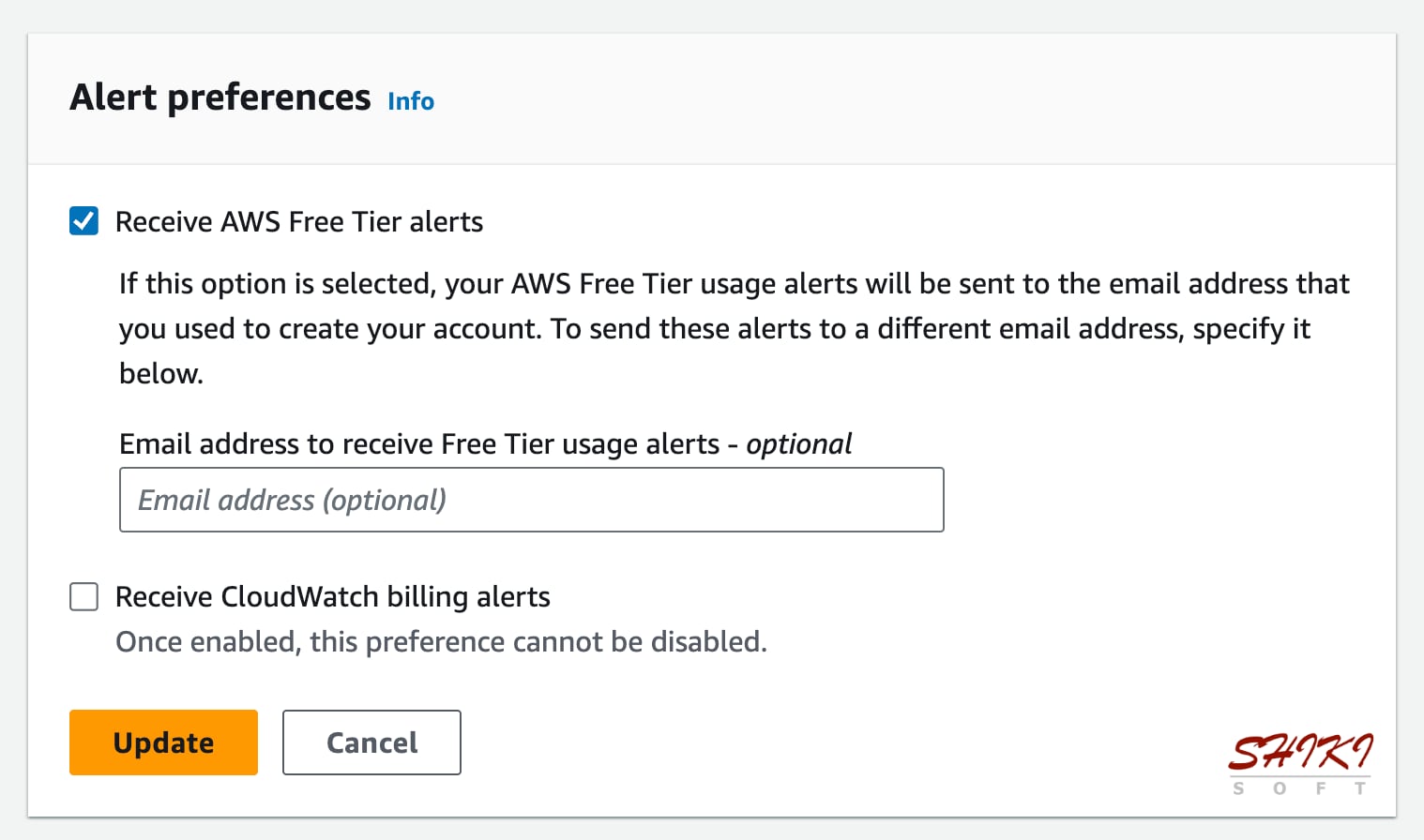 Enabling AWS free tier alerts from the Billing Preferences.