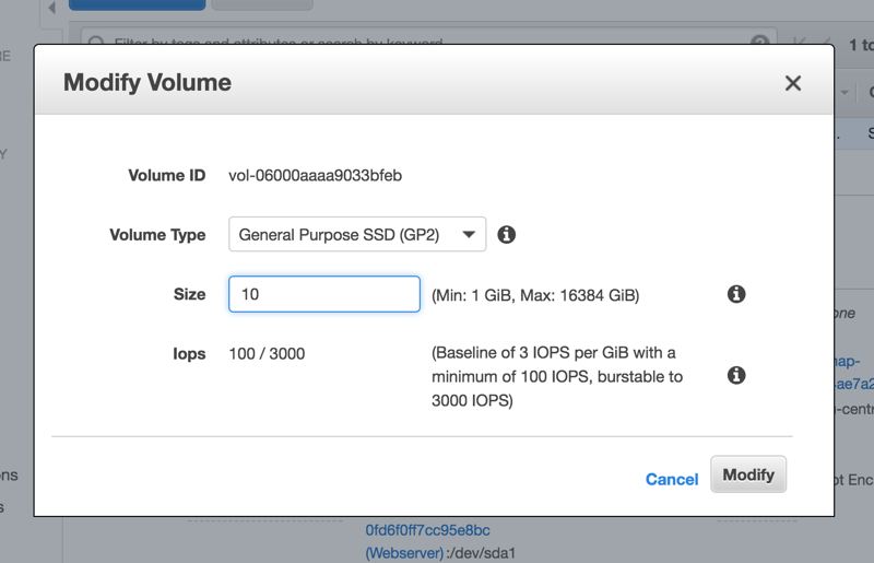 Modifying an EBS volume to 10 Gb from the Actions menu