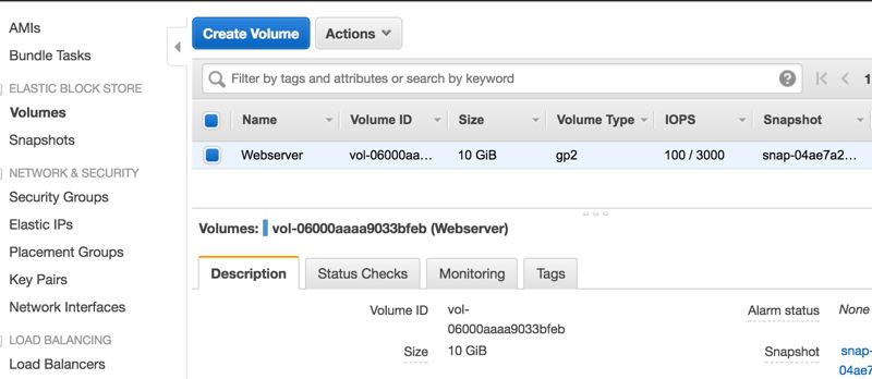 Successful result of modifying an EBS volume to 10 Gb from the Actions menu