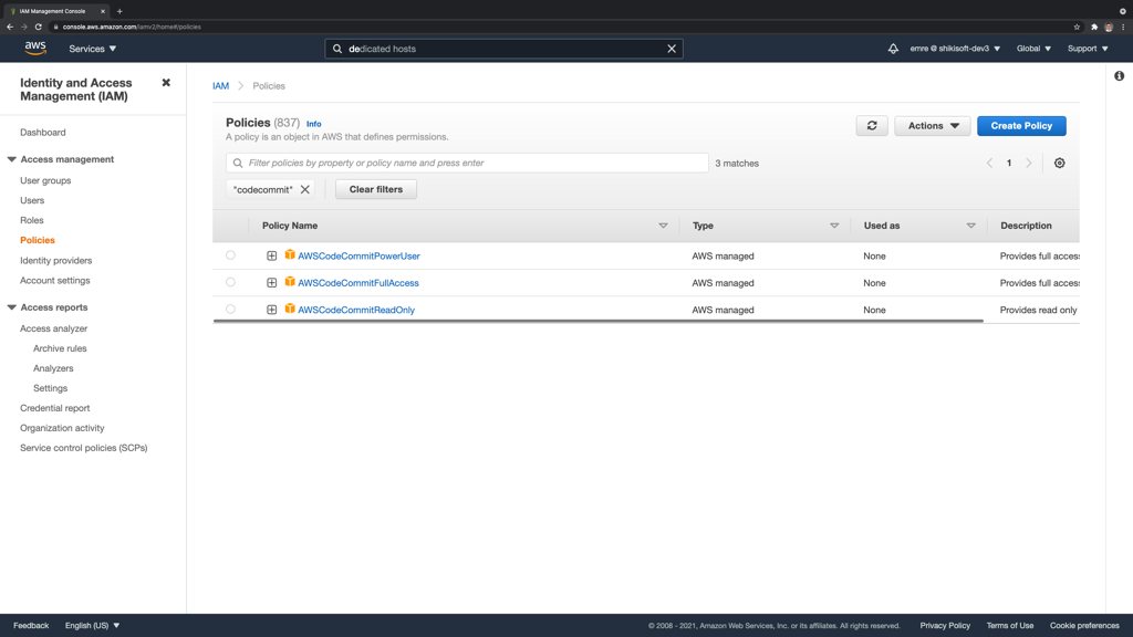 AWS-managed CodeCommit policies on the IAM Console