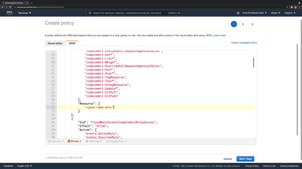 Editing the imported managed policy on the IAM Console