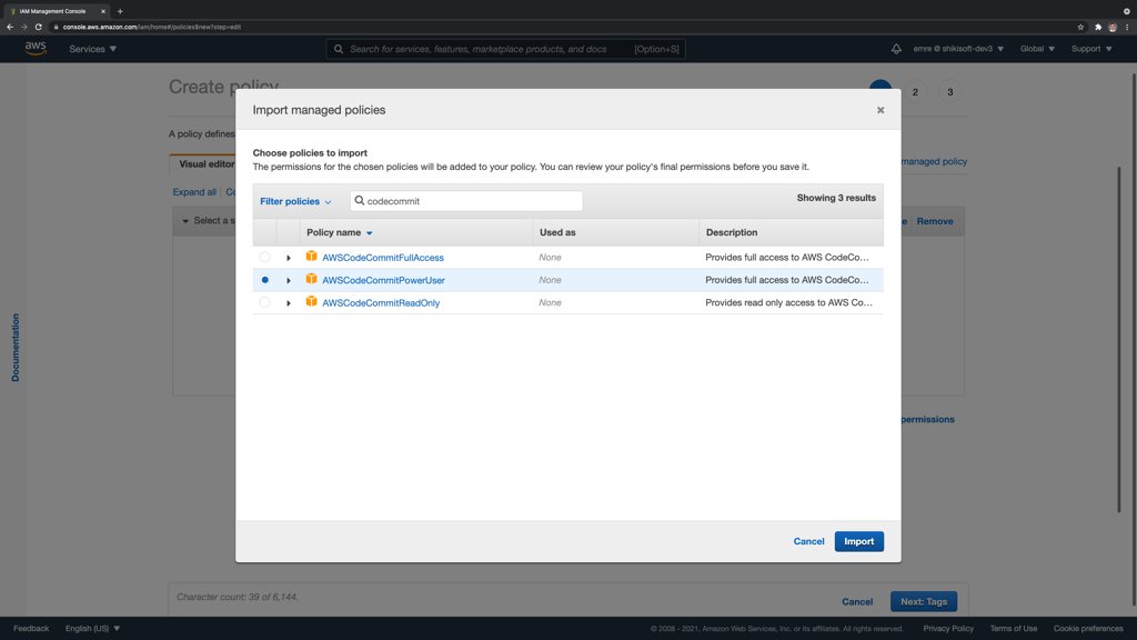 Importing the AWSCodeCommitPowerUser managed policy on the IAM Console