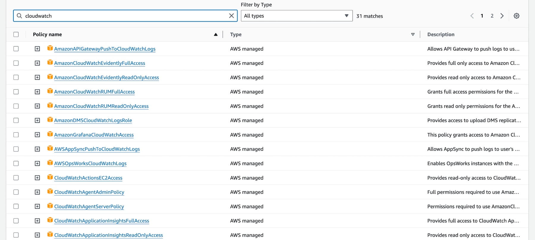 Filtered AWS-managed policies example