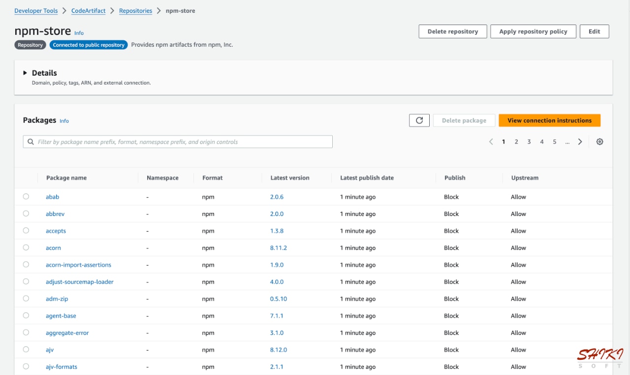 npm-store repository on AWS CodeArtifact after the build with AWS CodeBuild