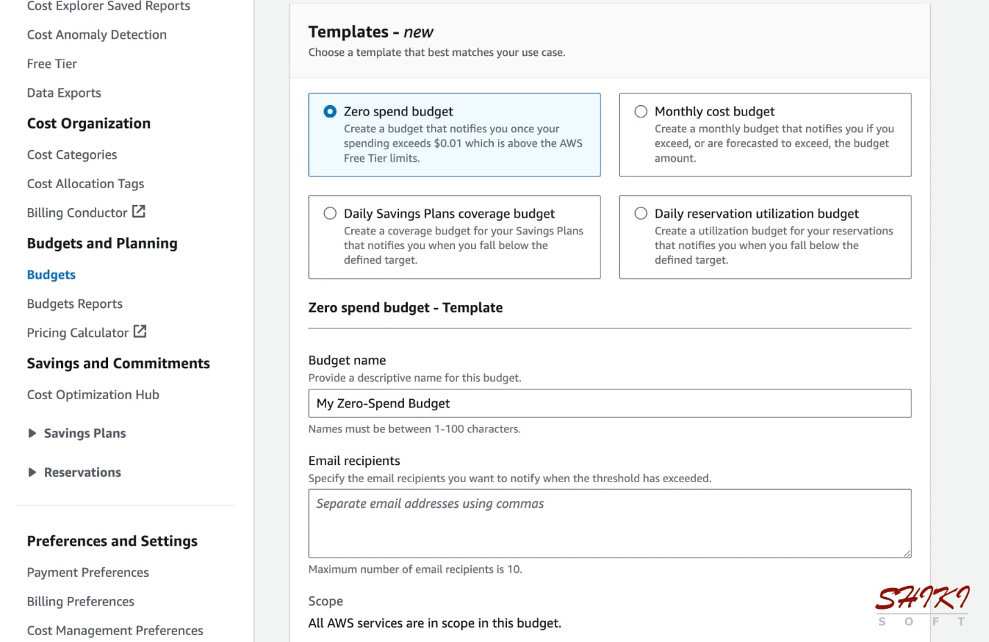 Creating a budget on AWS Budgets using the zero spend budget template.